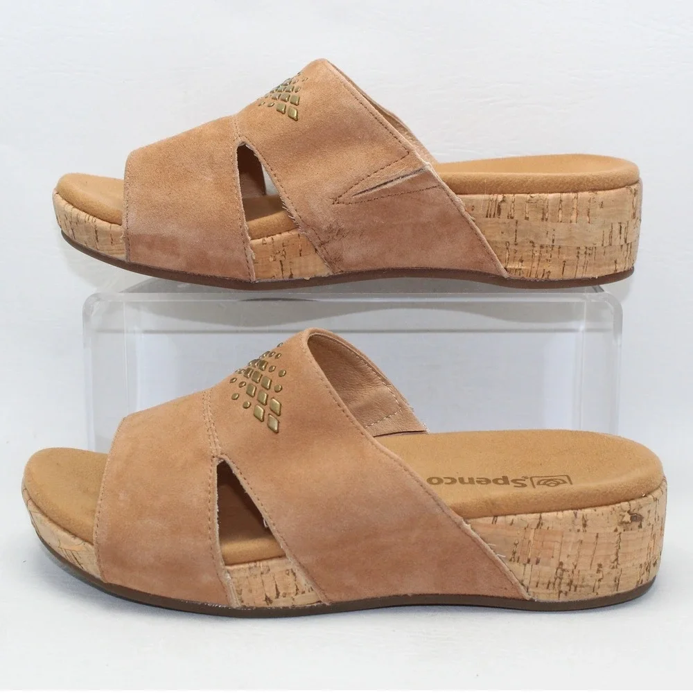 Spenco Womens Tan‎ Suede Studded Cork Wedge Orthotic Slide Sandals Size 7D